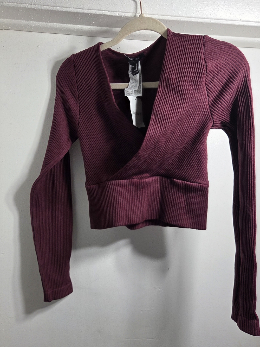 NWT Forever 21 Burgundy Ribbed Long Sleeve Surplice Wrap Crop Top Size M